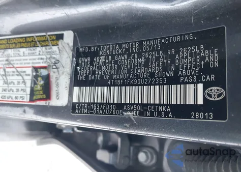 2013 Toyota Camry L from USA, damaged, VIN 4T1BF1FK9DU272353